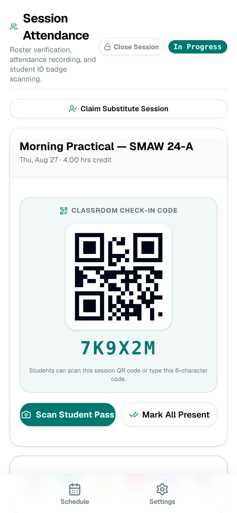 Instructor floor attendance with classroom QR and Scan Student Pass