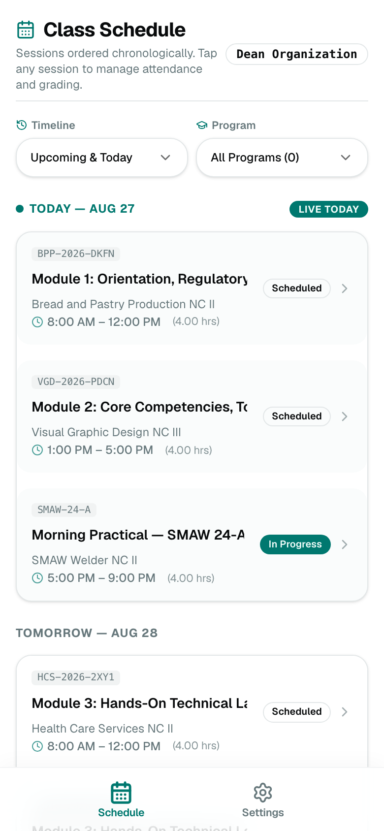 Instructor mobile schedule with SMAW class sessions