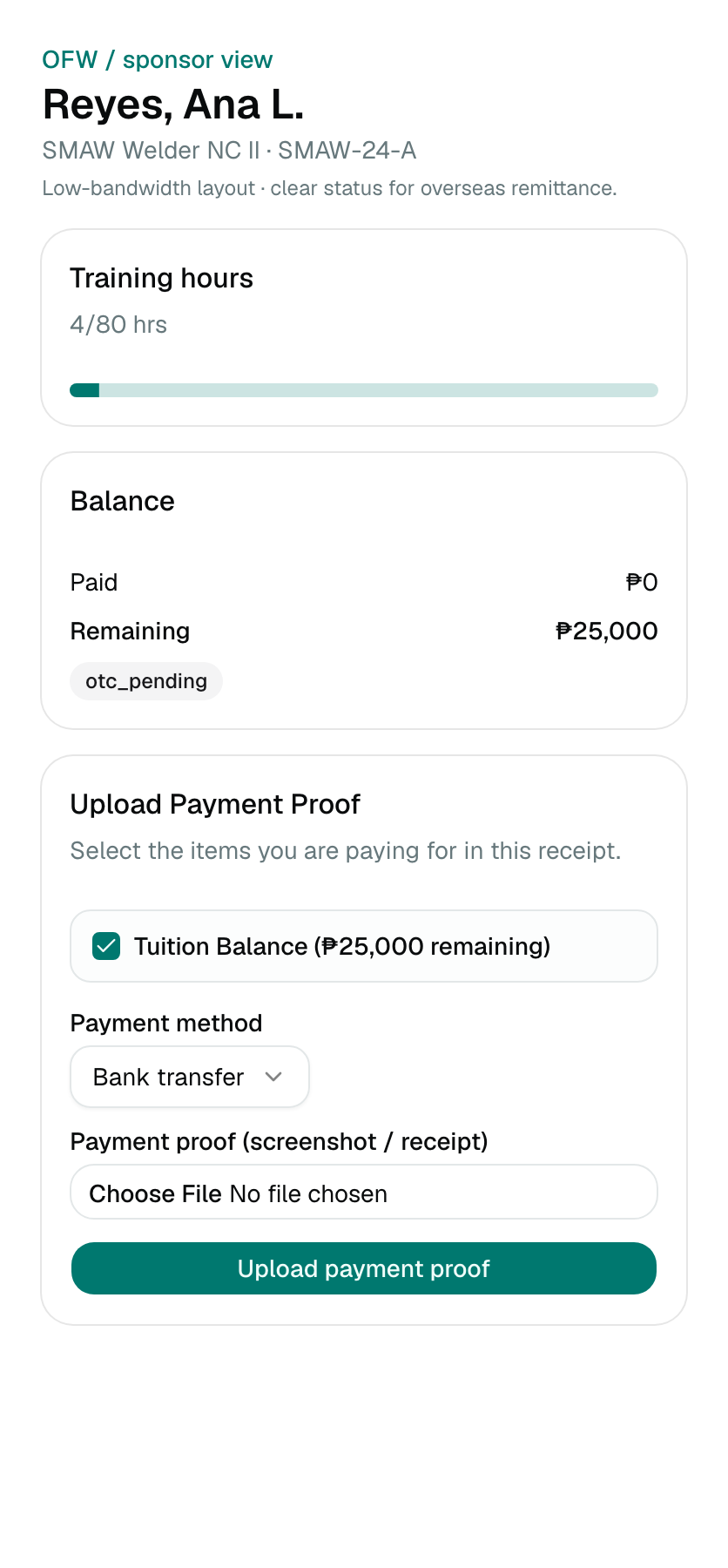Guardian sponsor desk uploading GCash proof for Reyes, Ana L.